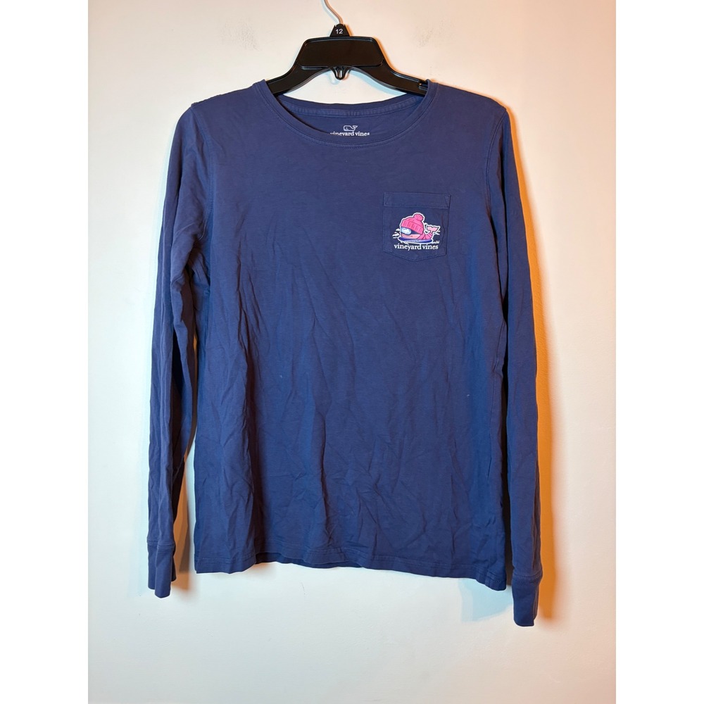 Vineyard Vines Long Sleeve Shirt Womens Small Navy Blue Ski Whale Pocket Tee